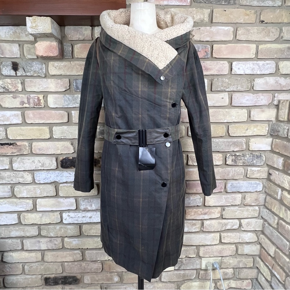 KARL DONOGHUE waxed cotton & leather belted tartan coat with lambskin